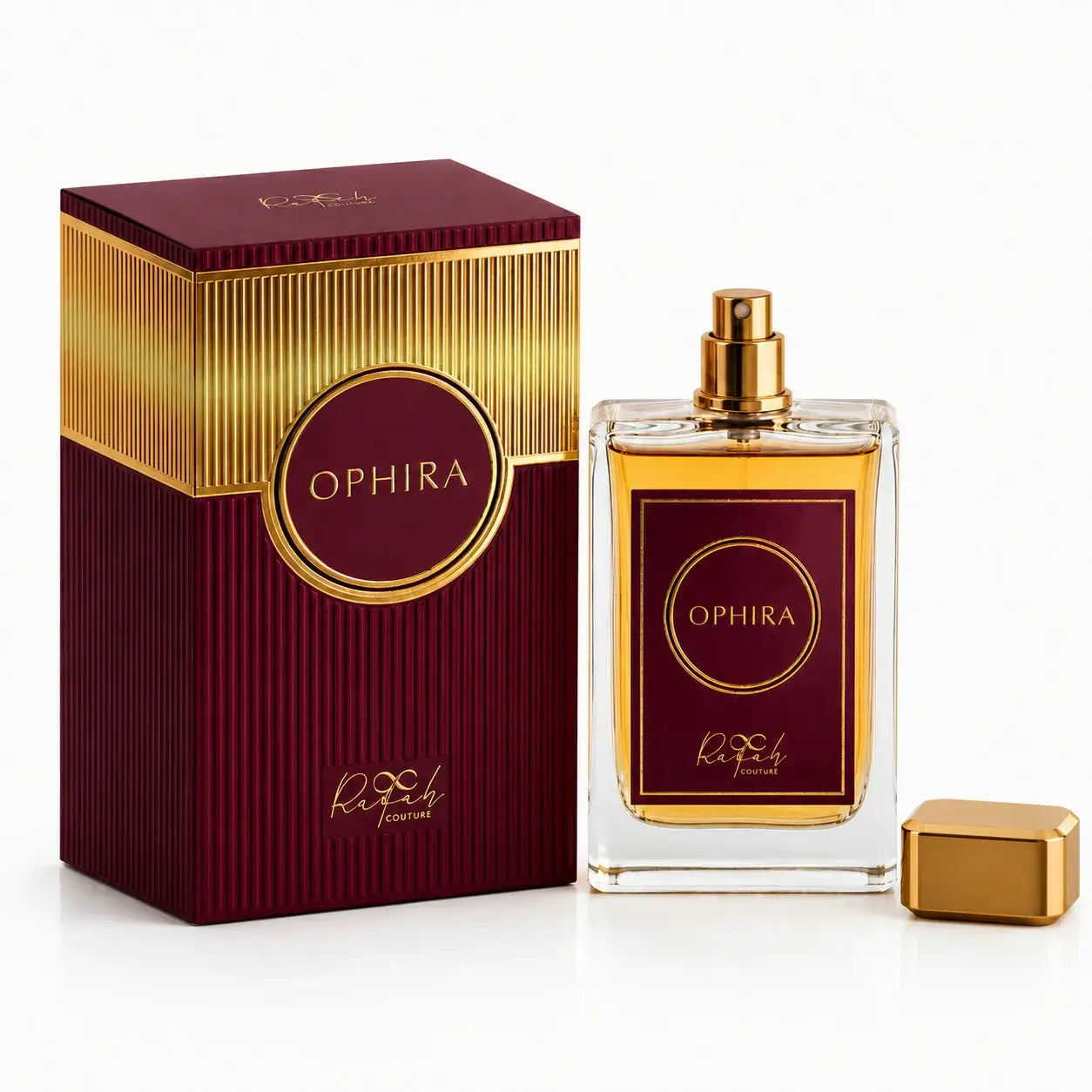 Ophira Eau de Parfum bottle with gold accents and subtle floral background.