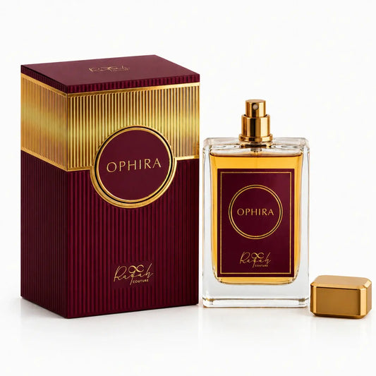 Ophira Eau de Parfum bottle with gold accents and subtle floral background.