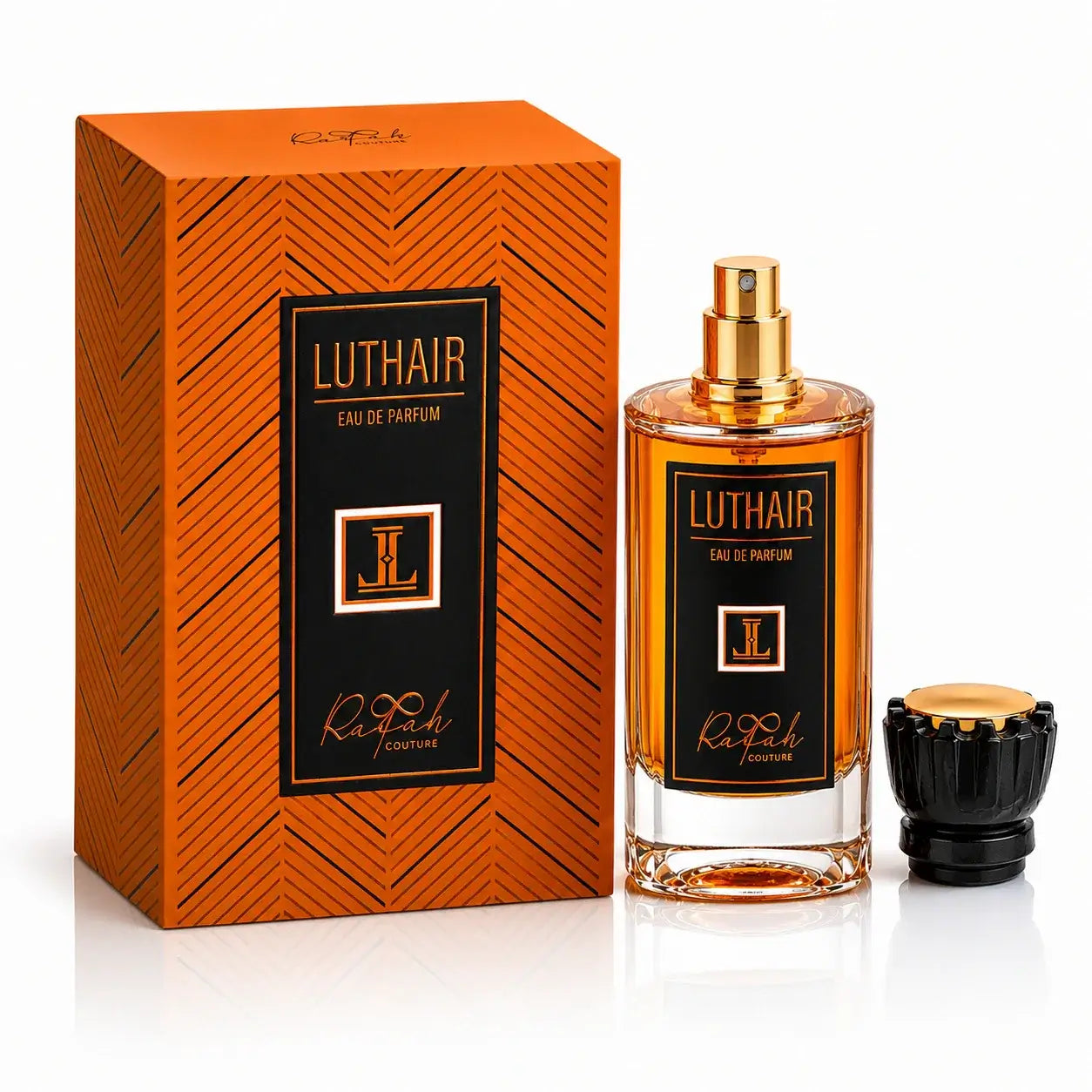Luthair Eau De Parfum bottle with ornate gold accents