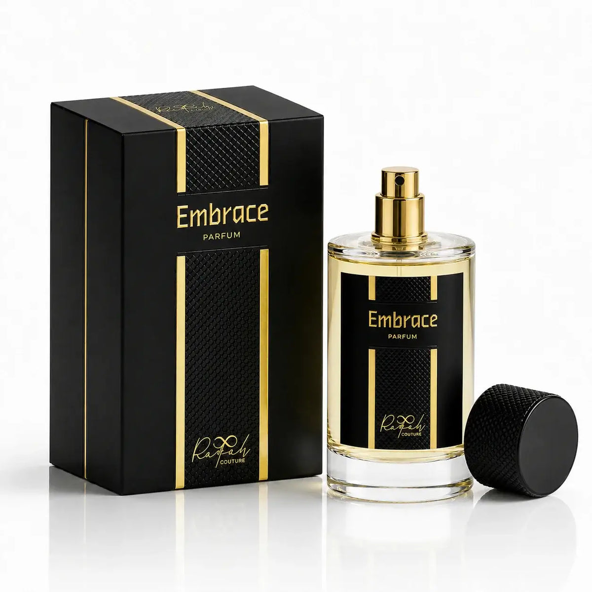 Embrace Eau De Parfum bottle with a subtle floral background.
