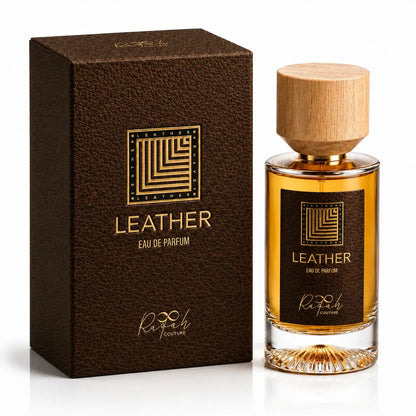 Bottle of Leather Eau De Parfum with dark leather accents.