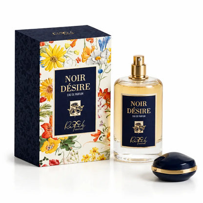 Noir Désire Eau de Parfum bottle with dark label and subtle lighting.